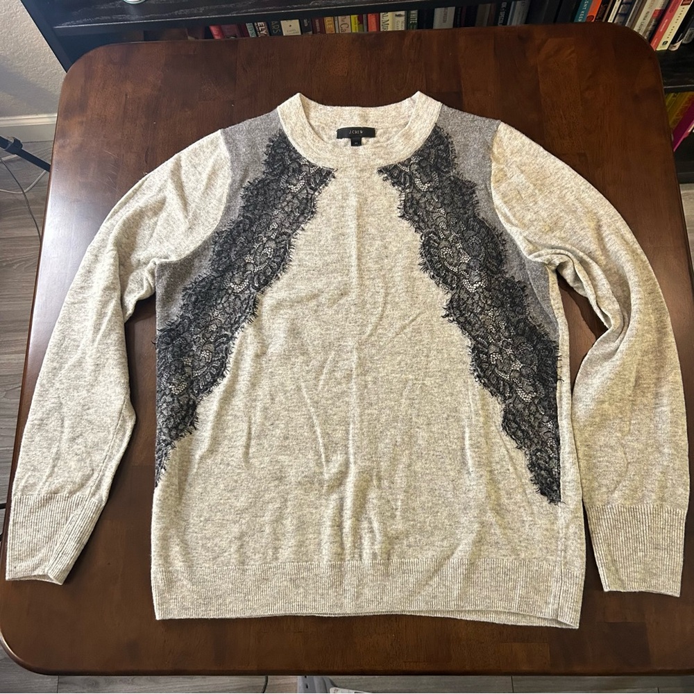 J. CREW Lace Wool Blend Crew Neck Sweater in Gray and Black SIZE Medium